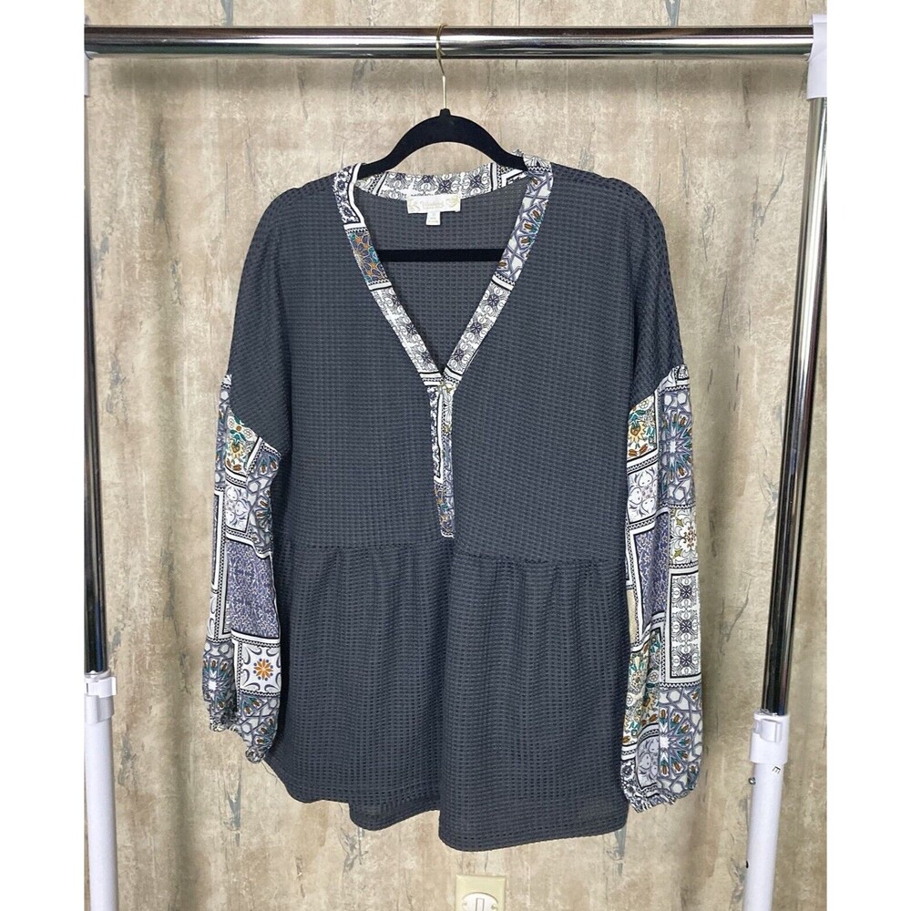 Weekend Suzanne Betro Womens Boho Waffle V Neck Button Blouse Boho Peasant XL